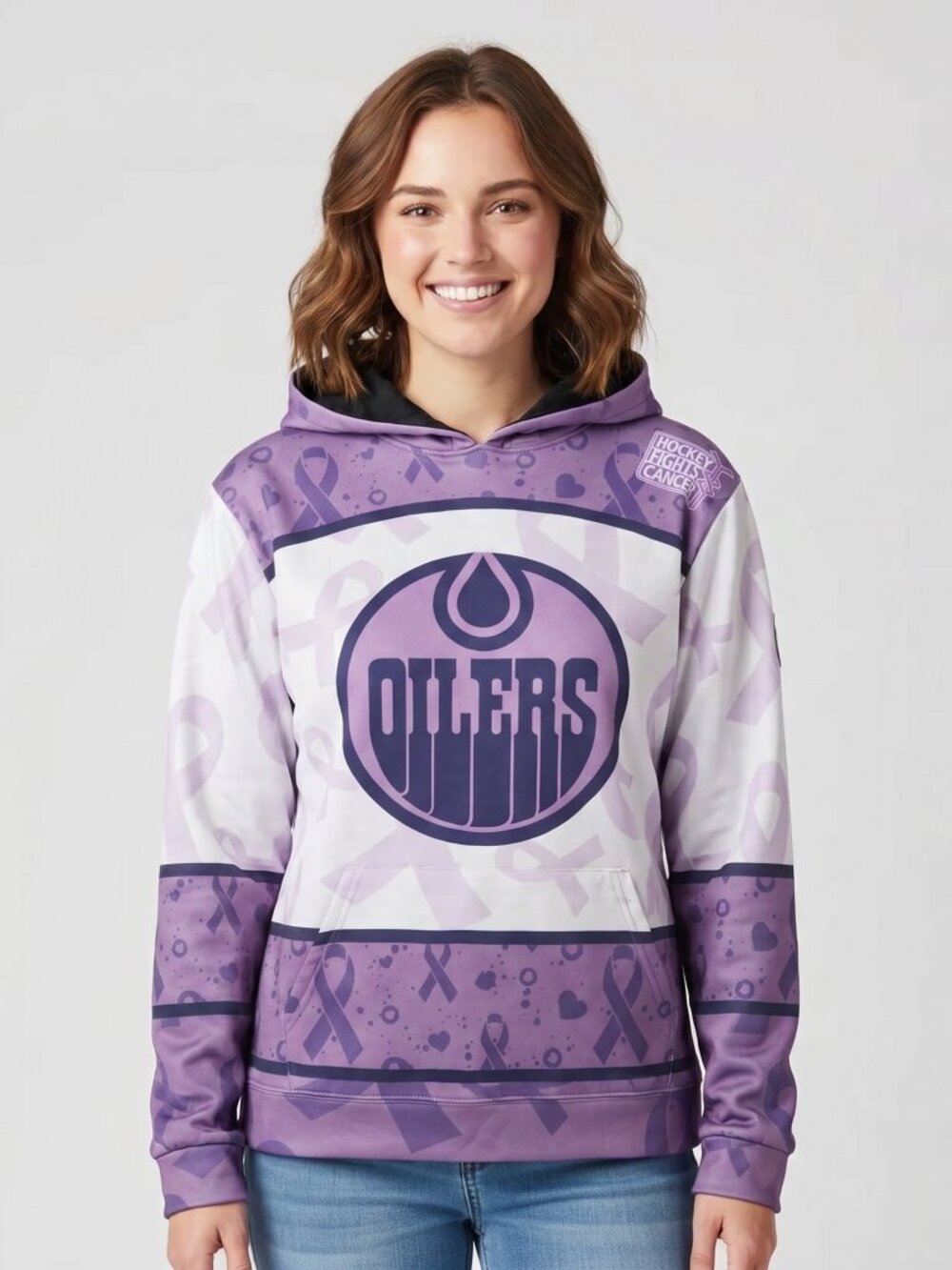 Ladies Edmonton Oilers Pink & Purple Ribbon Hoodie